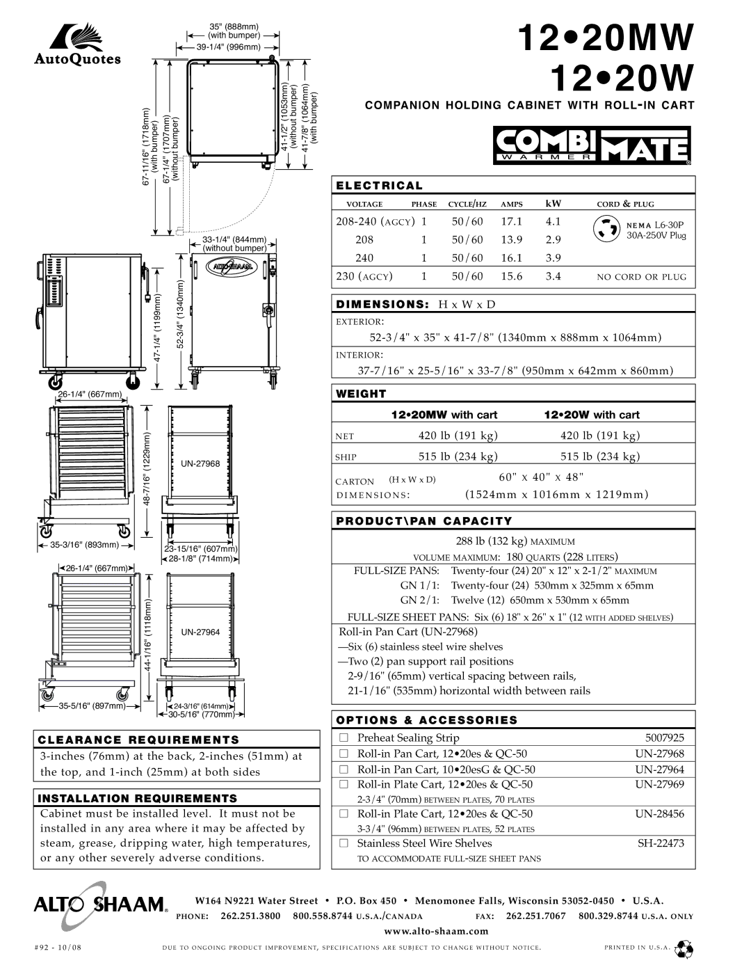 Alto-Shaam 12.20MW, 12.20W specifications EL Ectr ICA L, Weight, Pr Od Uc T\ Pan C Ap Ac Ity, OP TI on S & AC CE Ssor IE S 