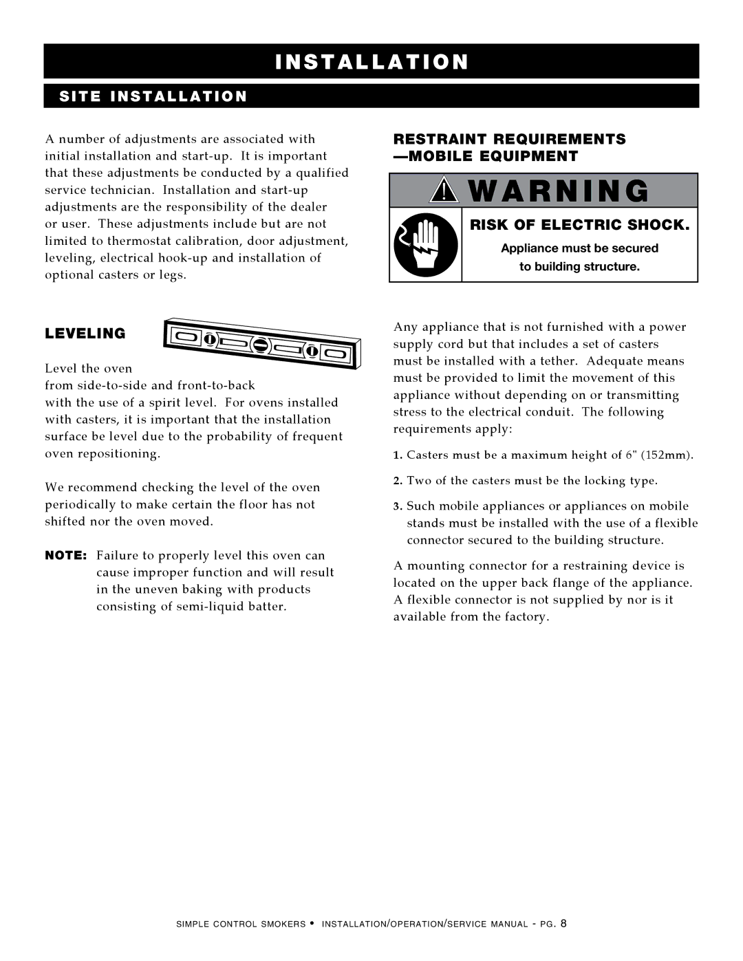 Alto-Shaam 1000-SK-I, 1767-SK, 1000-SK/II manual RISK Of ELEcTrIc ShOcK, Appliance must be secured To building structure 