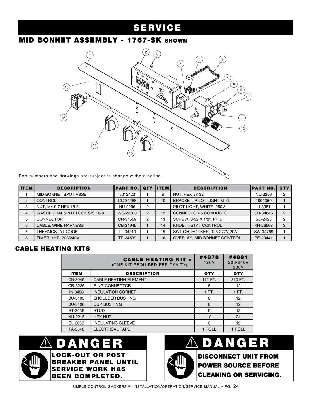 Alto-Shaam 1000-SK/II, 1767-SK, 1000-SK-I manual Cable heating kitS, Cable heating kit #4878 #4881 