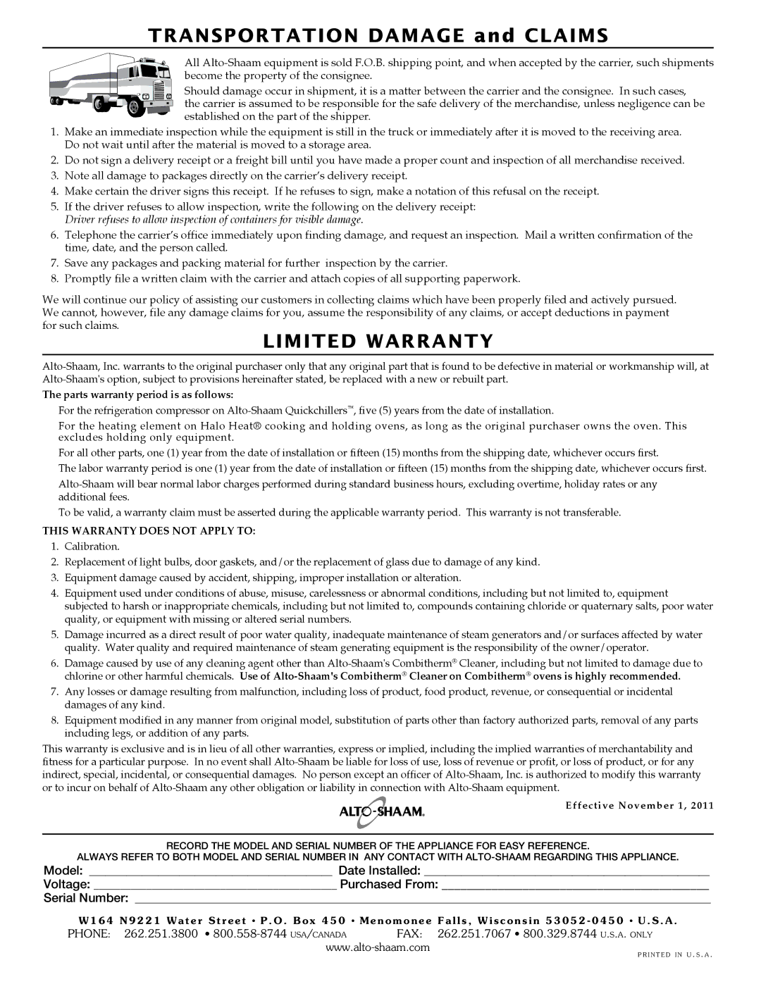 Alto-Shaam 1767-SK, 1000-SK-I, 1000-SK/II manual Limited Warranty 