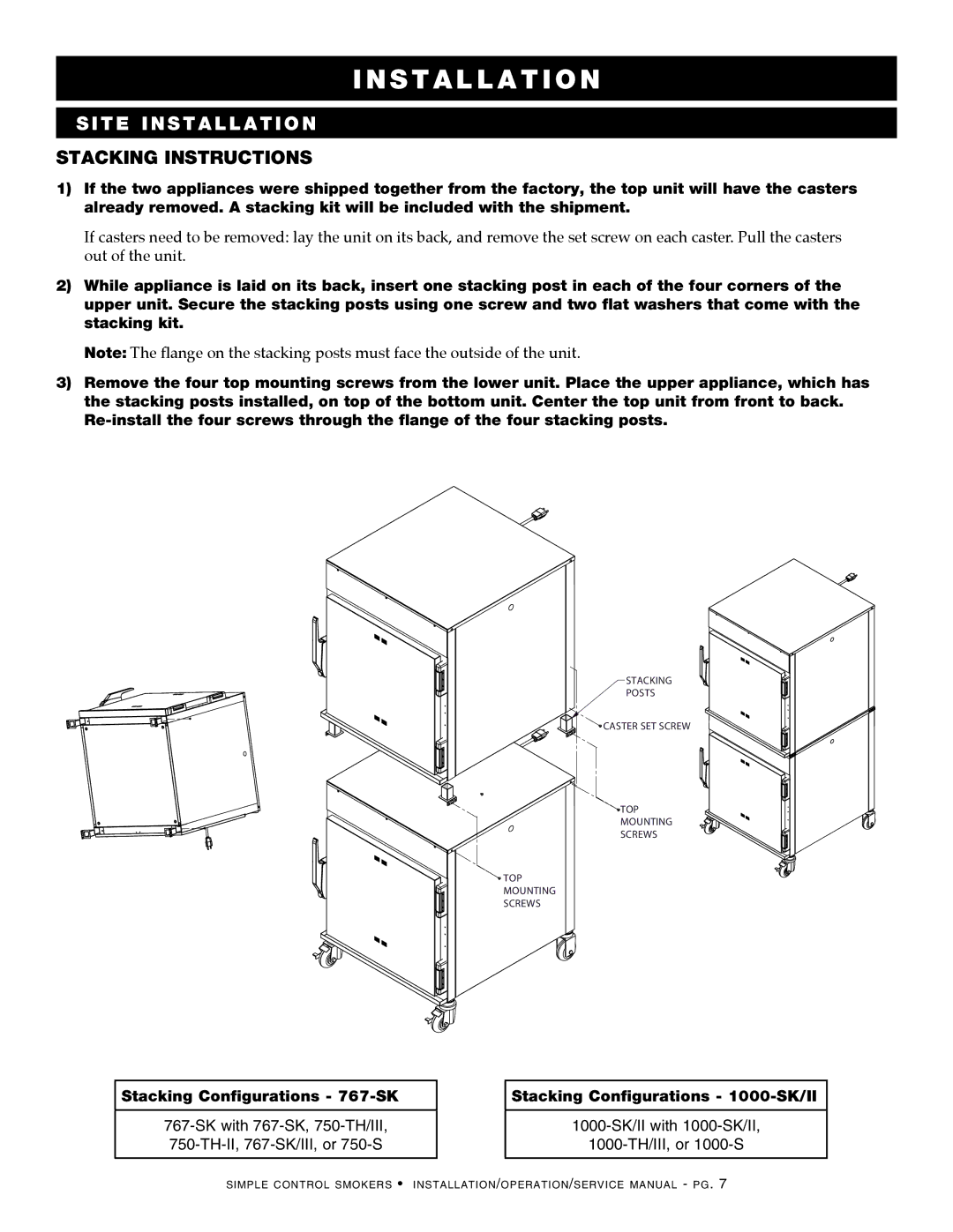 Alto-Shaam 1767-SK, 1000-SK-I STAcKINg INSTrUcTIONS, Stacking Configurations 767-SK, Stacking Configurations 1000-SK/II 