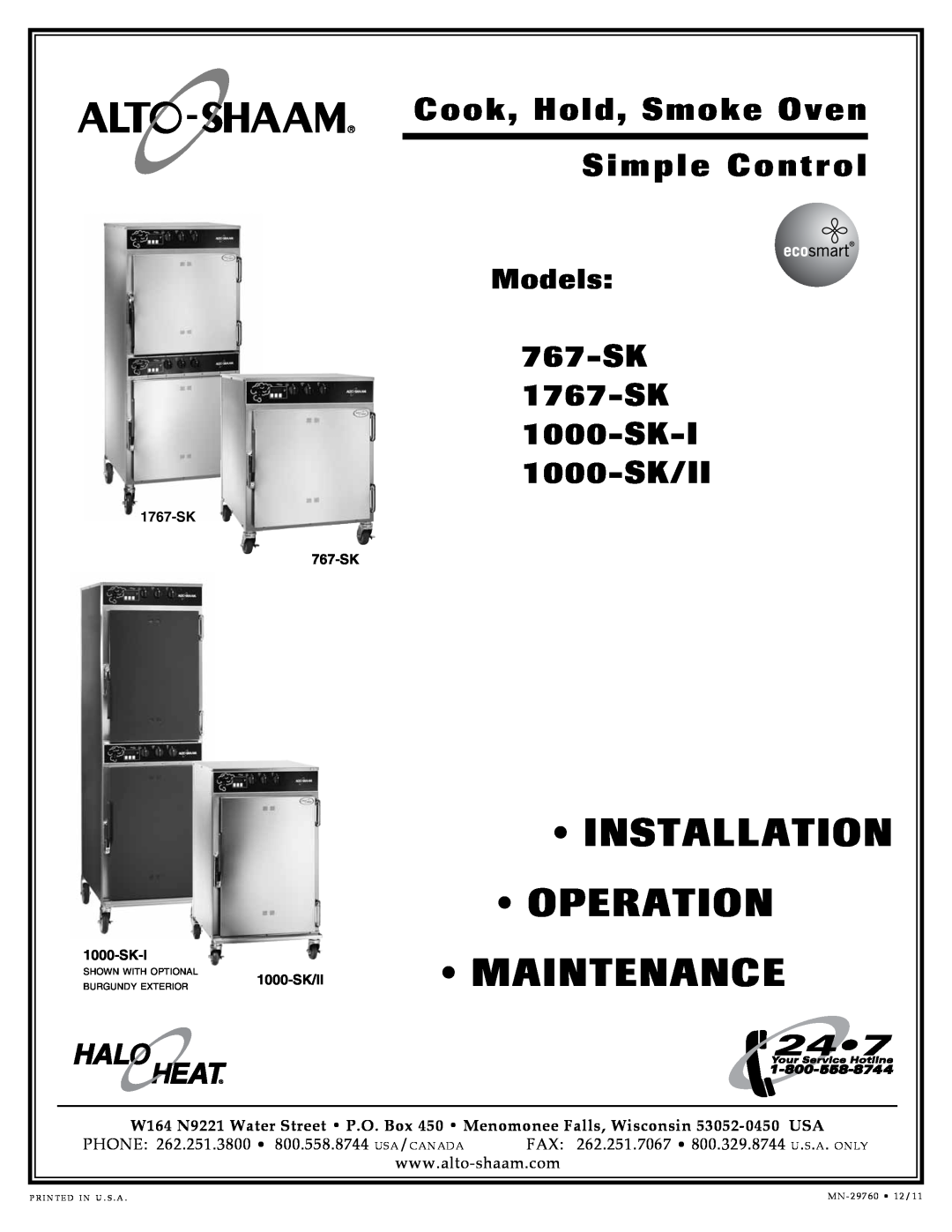 Alto-Shaam 1000-SK-I manual Installation, Operation, Maintenance, Models, Cook, Hold, Smoke Oven, Simple Control, 767-SK 