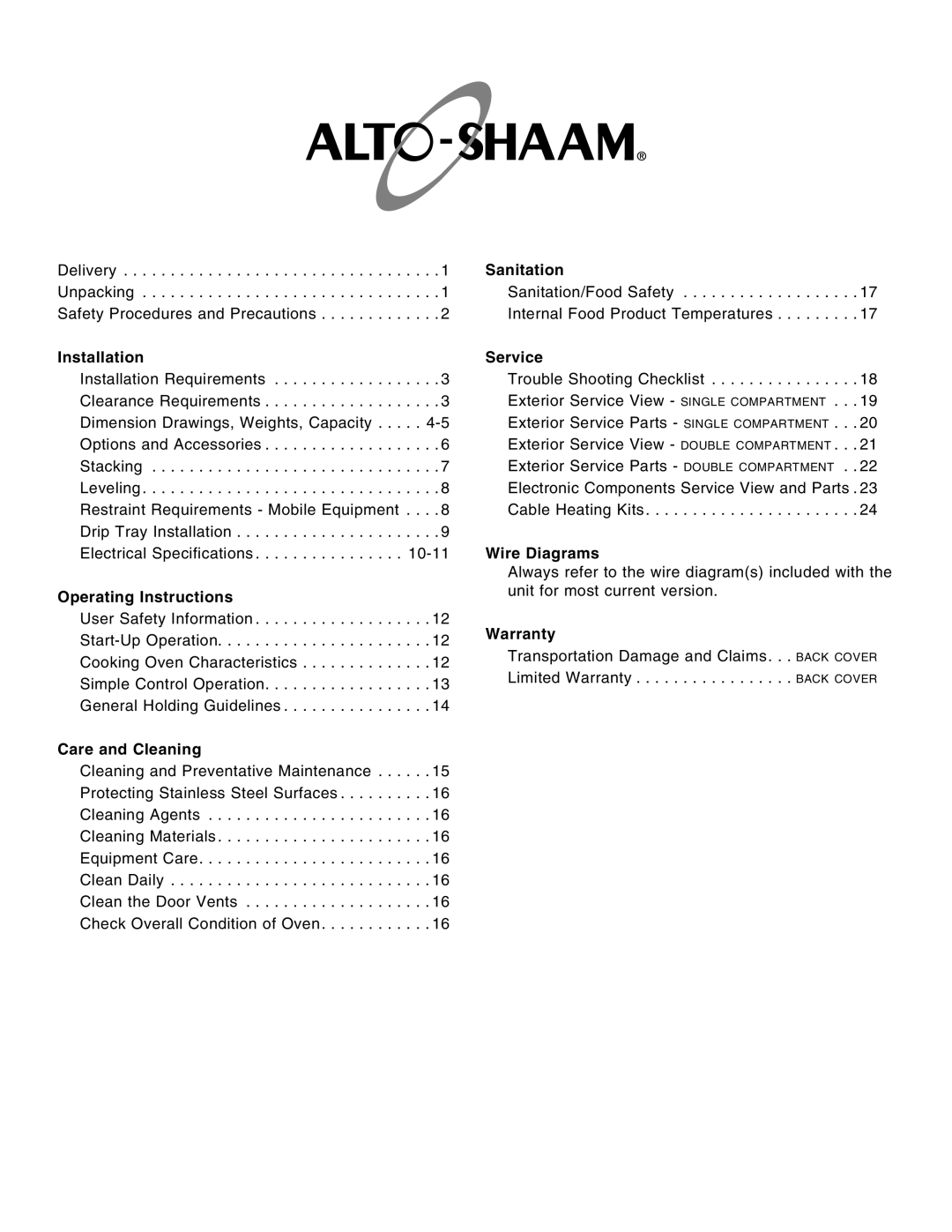 Alto-Shaam 1000-SK/II, 1767-SK manual Sanitation, Installation, Service, Wire Diagrams, Operating Instructions, Warranty 