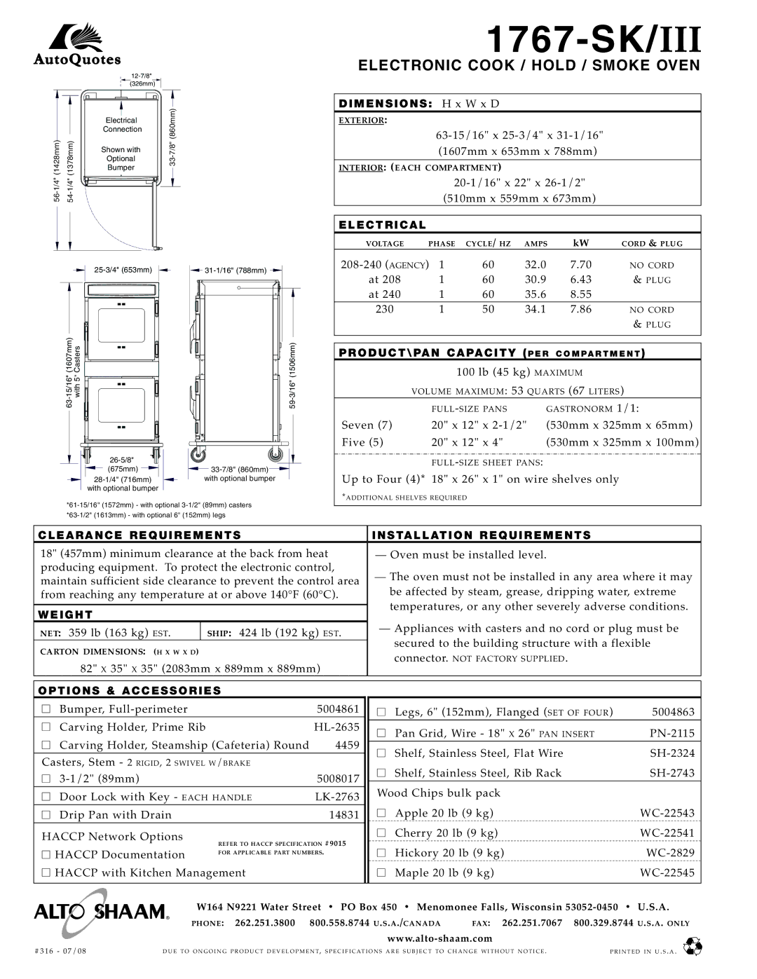 Alto-Shaam 1767-SK/III Ele Ctr Ic Al, PR OD UC T\ PAN C AP AC ITY P ER C O MP a RT ME NT, Weight, Options & Access ORI ES 