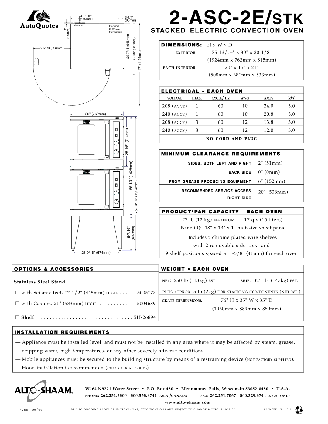 Alto-Shaam 2-ASC-2E/STK specifications Stacked EL EC Tric Convection Oven 