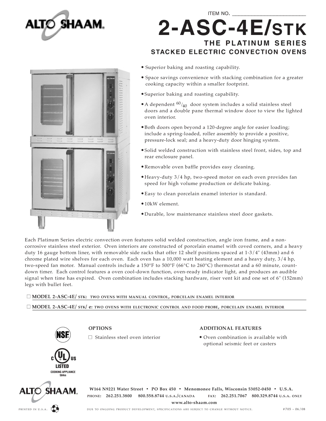 Alto-Shaam 2-ASC-4E/STK specifications STA Cked Elect RIC Convection OVE NS, Options Additional Features, FAX 262.251.7067 