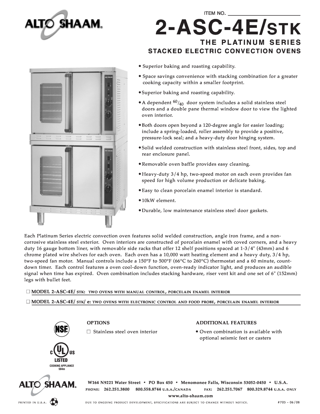 Alto-Shaam 2-ASC-4E/STK specifications Sta Cked Elect Ric Convection Ove Ns, Options, Additional Features, ASC-4E/ STK 