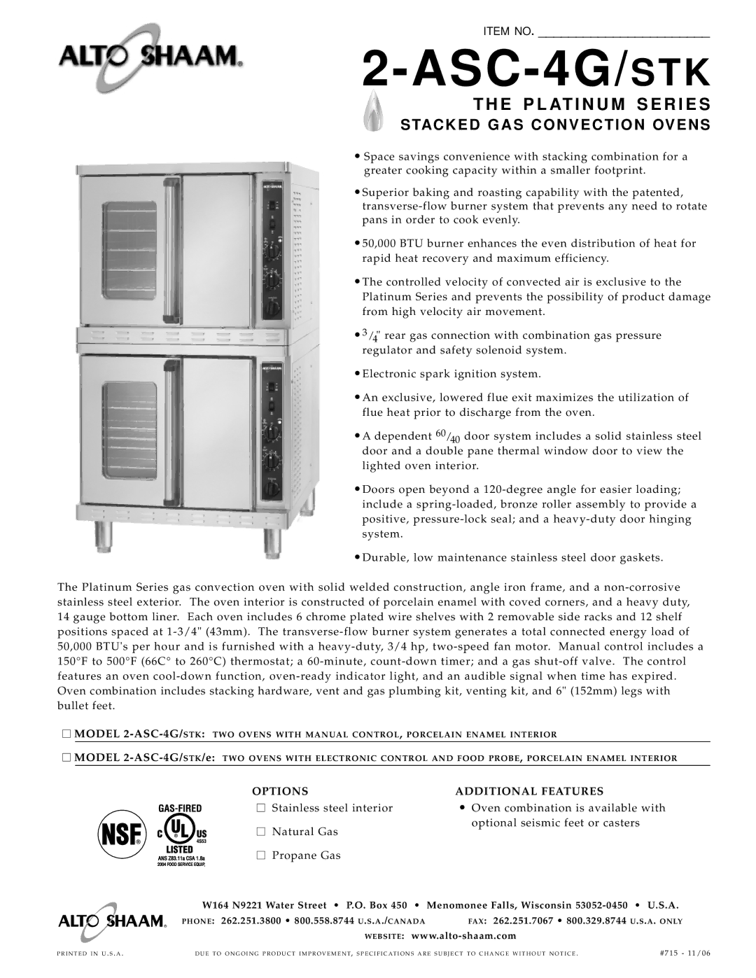 Alto-Shaam 2-ASC-4G/STK specifications TAC K E D G a S C O N V E C T I O N OV E N S 