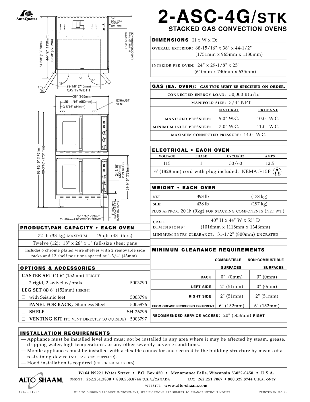 Alto-Shaam 2-ASC-4G/STK specifications Stacked GAS Convection Ovens, Weight Each Oven, Installation Requirements 