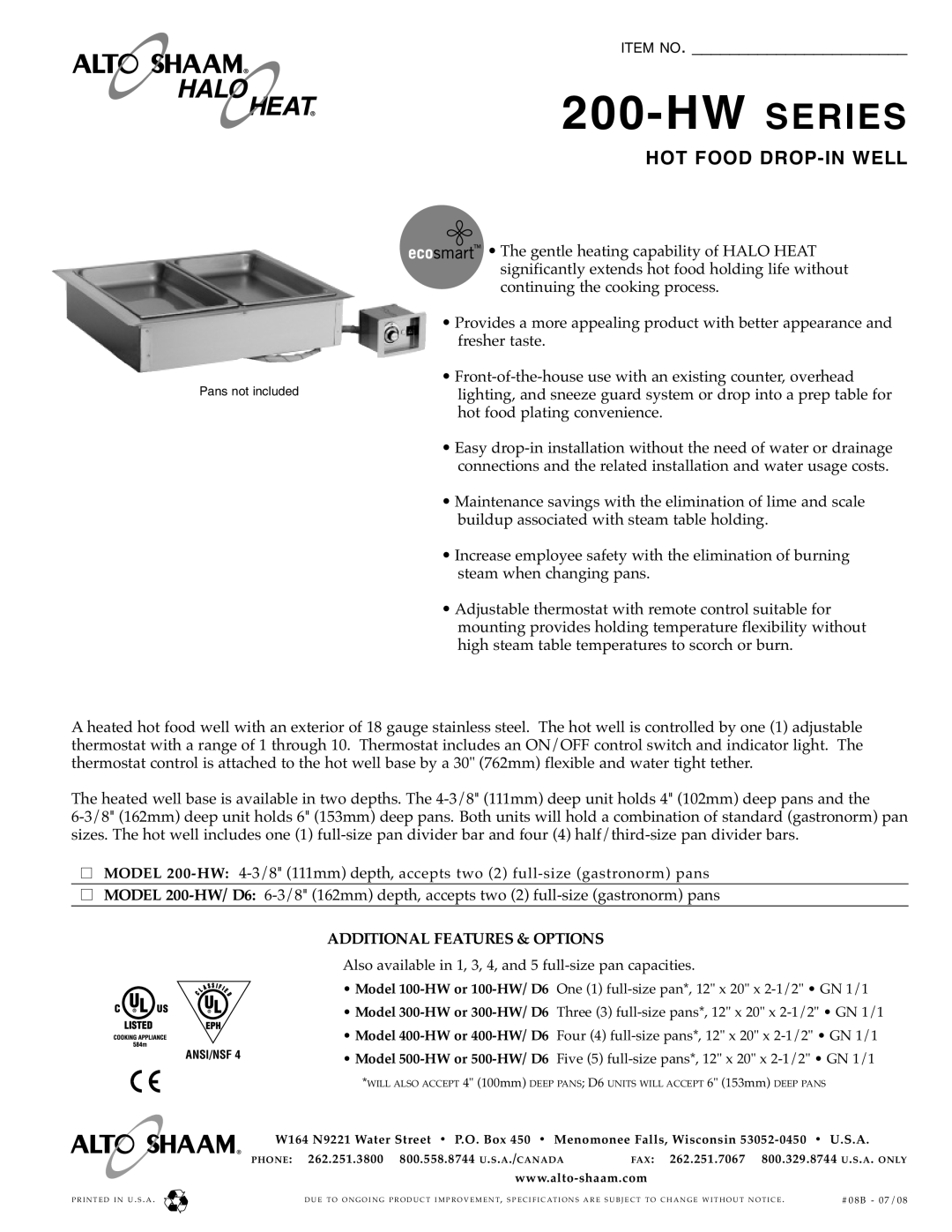 Alto-Shaam 200-HW/D6 specifications Seri ES 