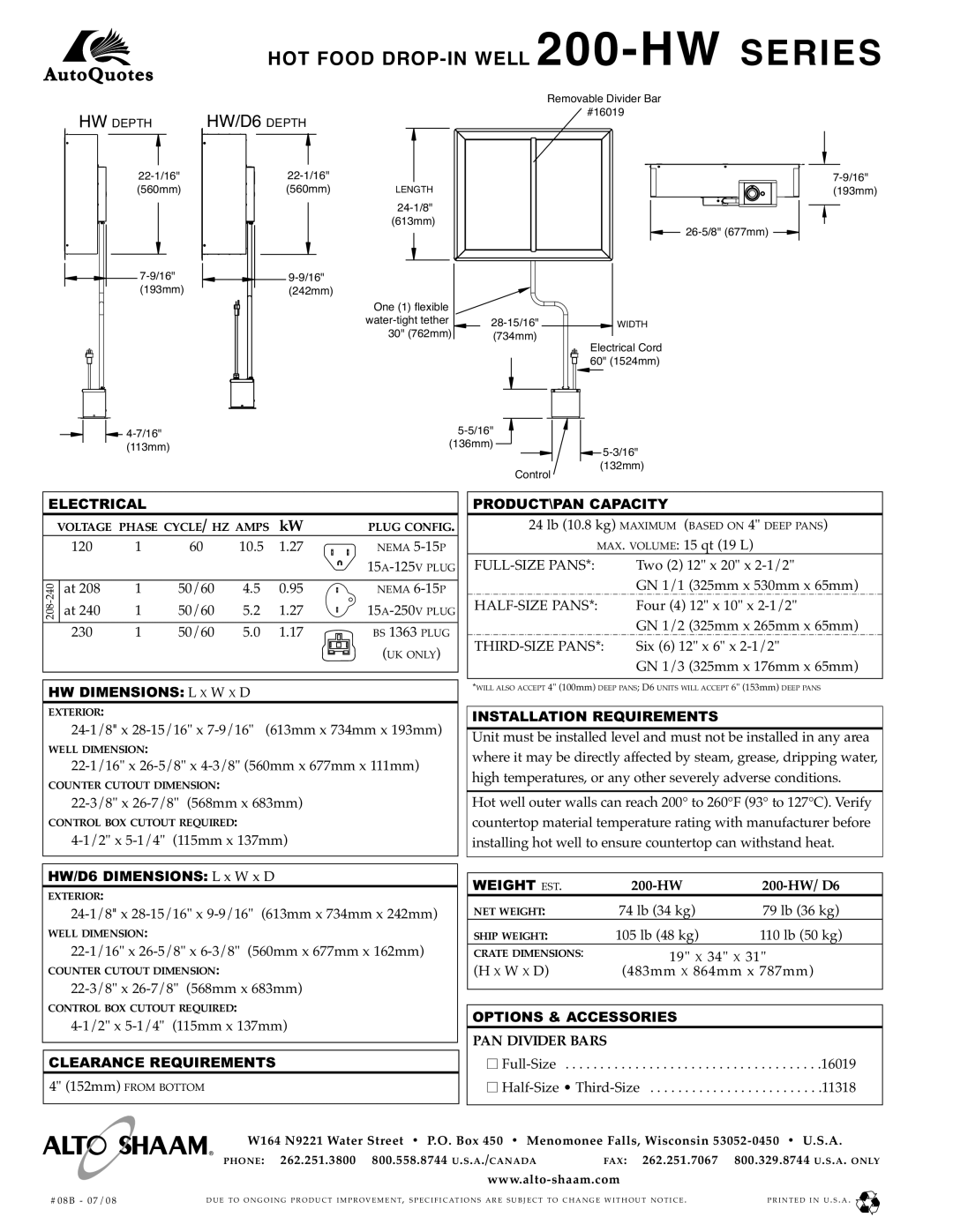 Alto-Shaam 200-HW/D6 Electrical, PRODUCT\PAN Capacity, HW Dimensions L X W X D, Clearance Requirements, Weight EST 