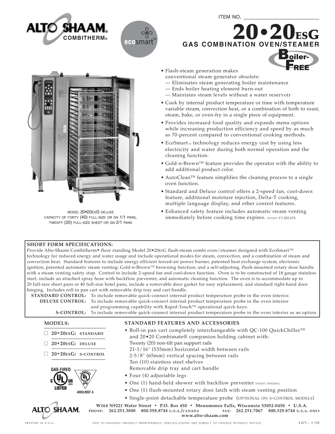 Alto-Shaam 20.20ESG specifications GAS COM Bination OVEN/S TE AME R, Short Form Specifications 