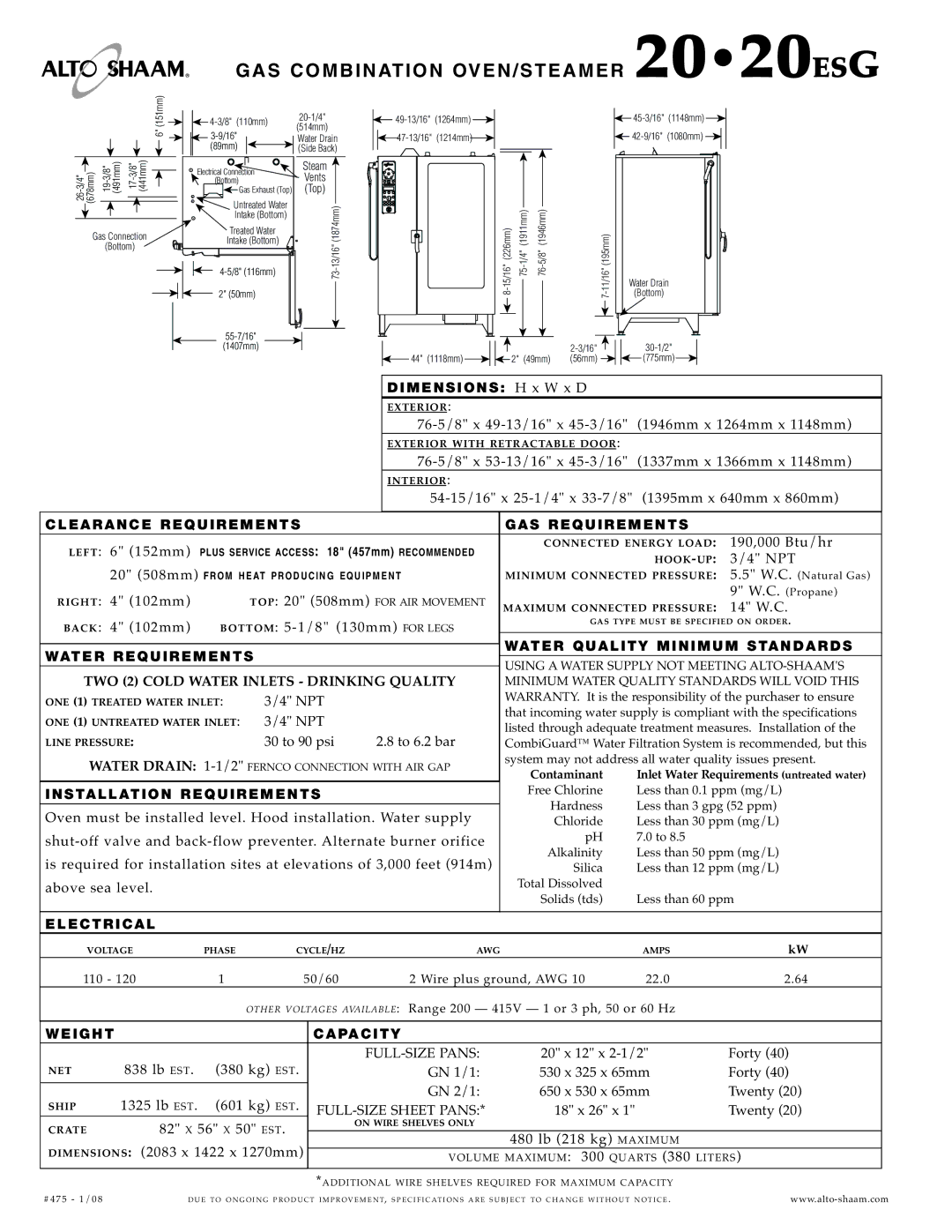 Alto-Shaam 20.20ESG specifications GA S COM BI Nation OVEN/ST Eamer 2020ESG 