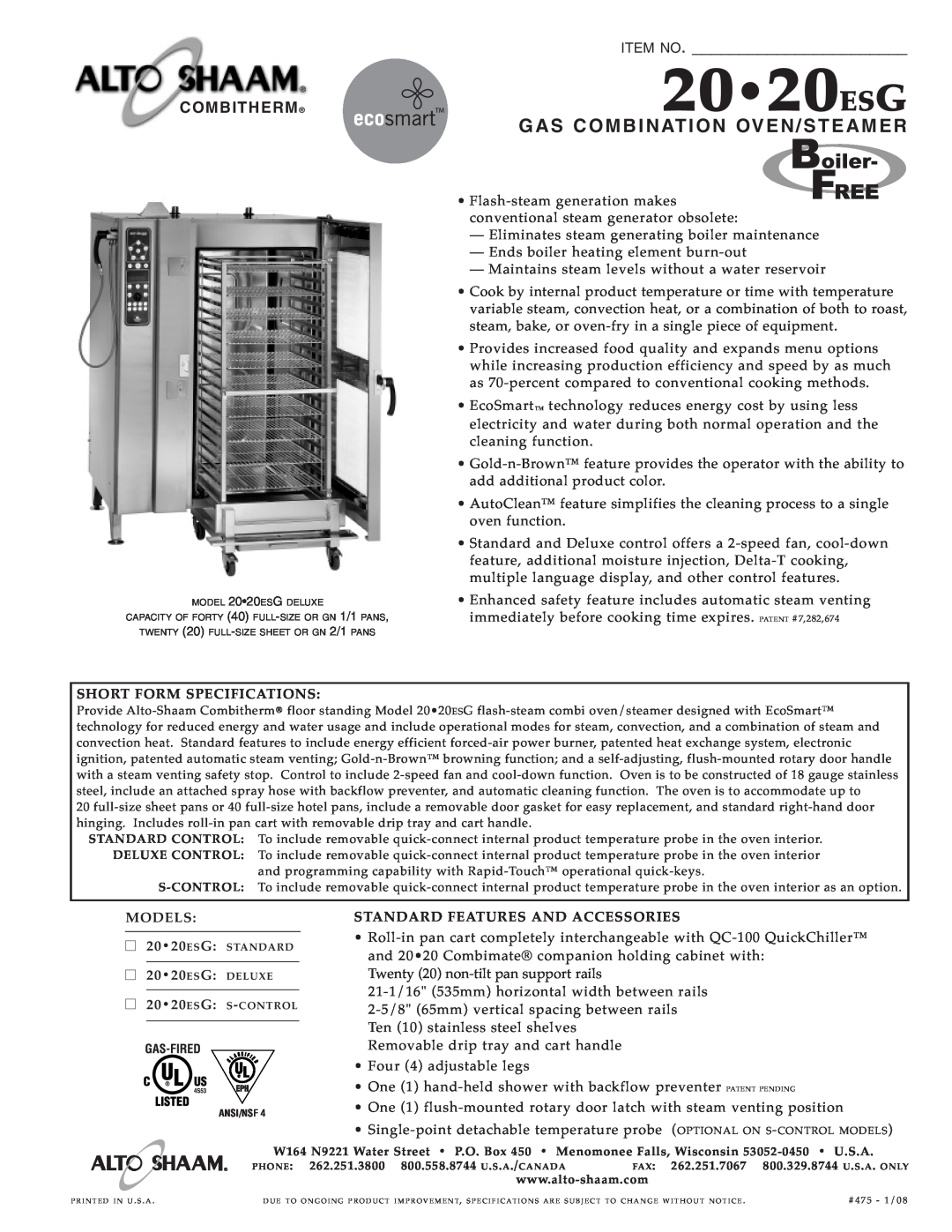 Alto-Shaam 20.20ESG specifications 2020ESG, Gas Com Bination Oven/S Te Ame R, Item No, Combitherm 