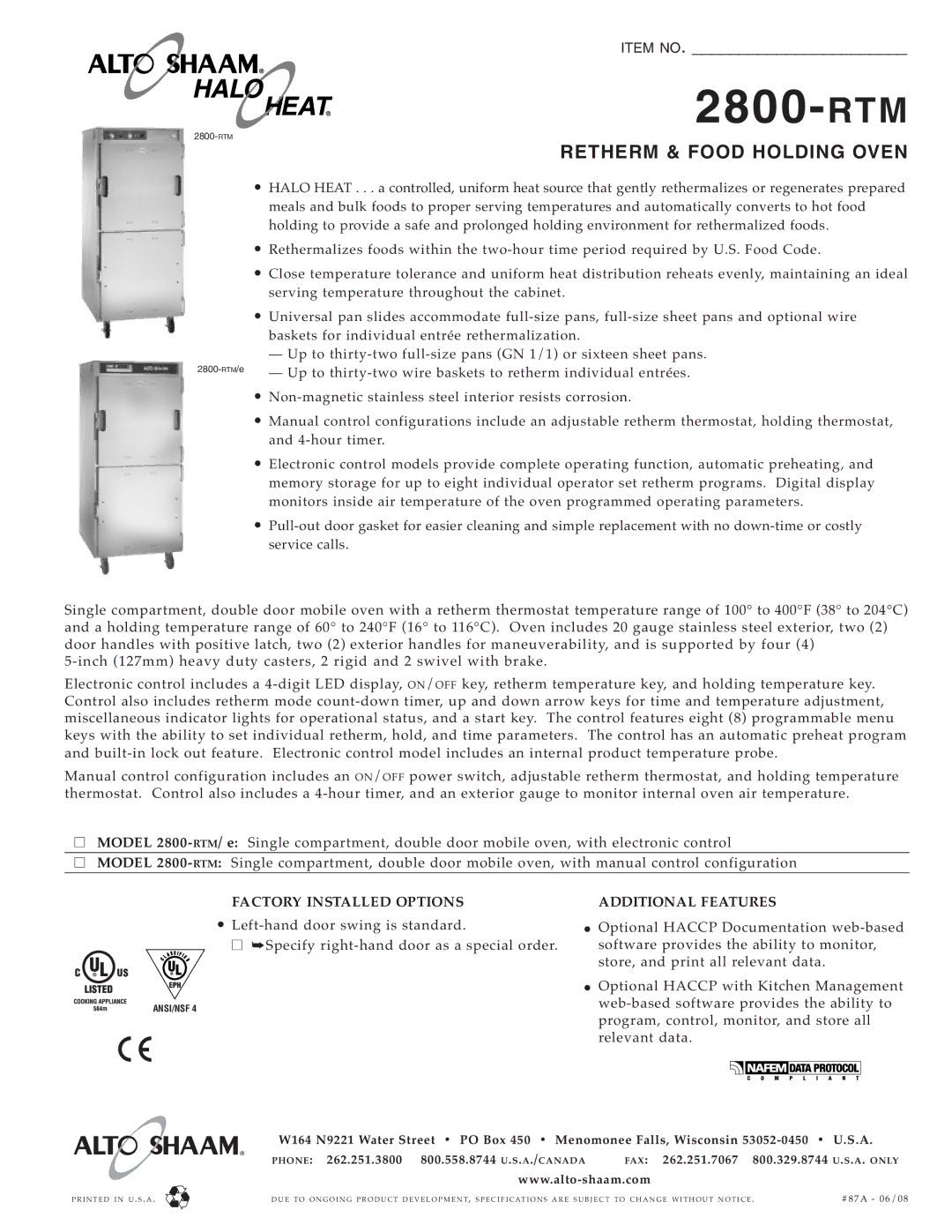 Alto-Shaam 2800-RTM specifications Factory Installed Options, Additional Features 