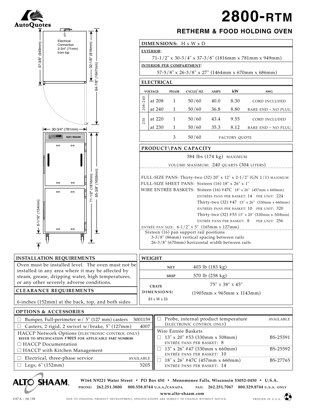 Alto-Shaam 2800-RTM Electrical, PRODUCT\PAN Capaci TY, Installation Requirements Weight, CL EA Rance Requ Irem EN TS 