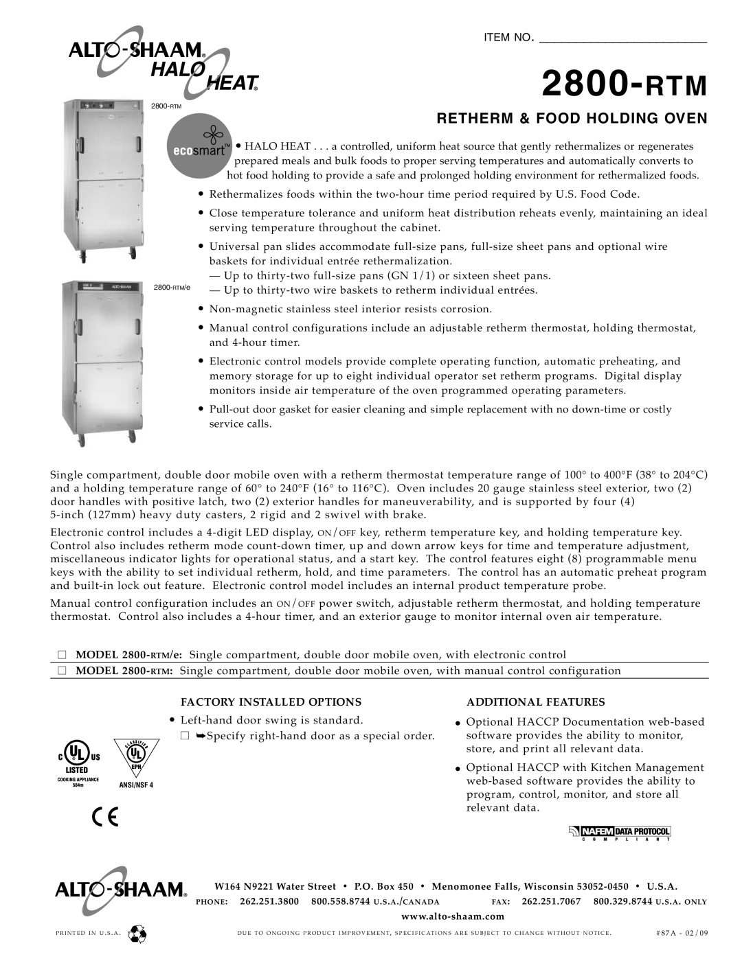 Alto-Shaam 2800-RTM/e specifications Specify right-hand door as a special order 