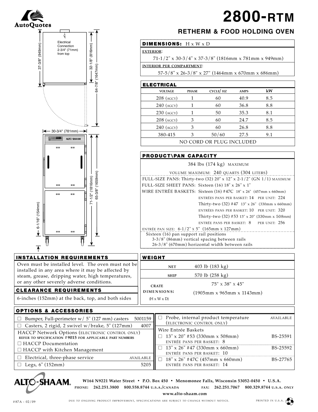 Alto-Shaam 2800-RTM/e specifications Electrical, PRODUCT\PAN Capacity, Weight, Options & Accessories 