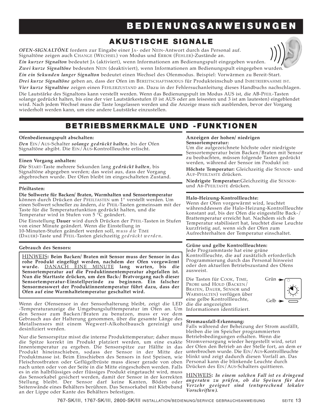 Alto-Shaam 2800-SK/III, 1767-SK/III Be Dienu Ngsanwei Sungen, AKU ST Ische Signale, Be TRI EBS Merk Male UND FU NK TI Onen 