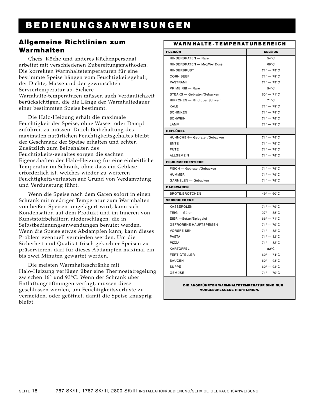 Alto-Shaam 1767-SK/III, 2800-SK/III manual Allgem eine Richtlinien zum Warmh alten 