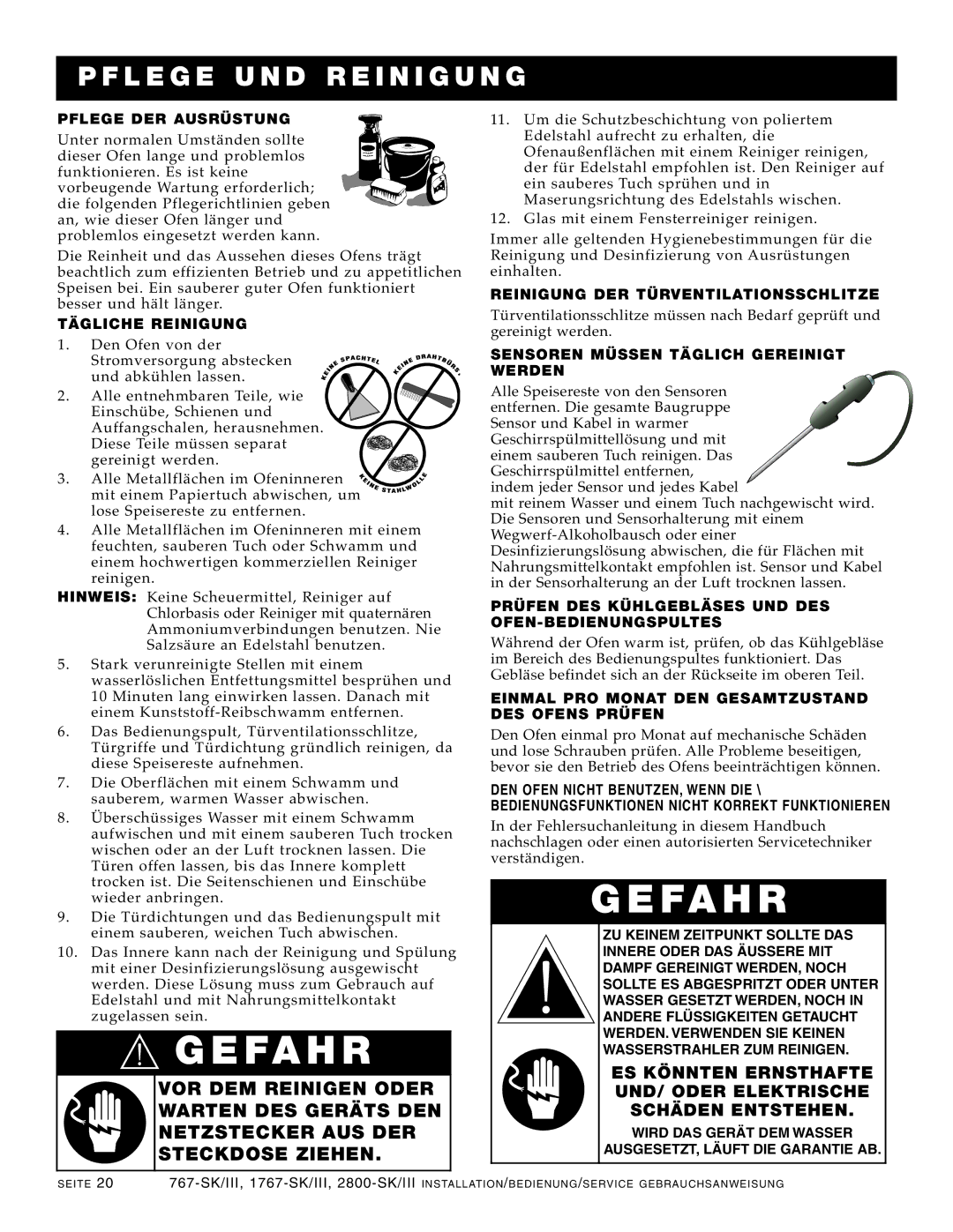 Alto-Shaam 1767-SK/III, 2800-SK/III manual Pflege U ND RE Inigung, Pflege DER Ausrü Stung 