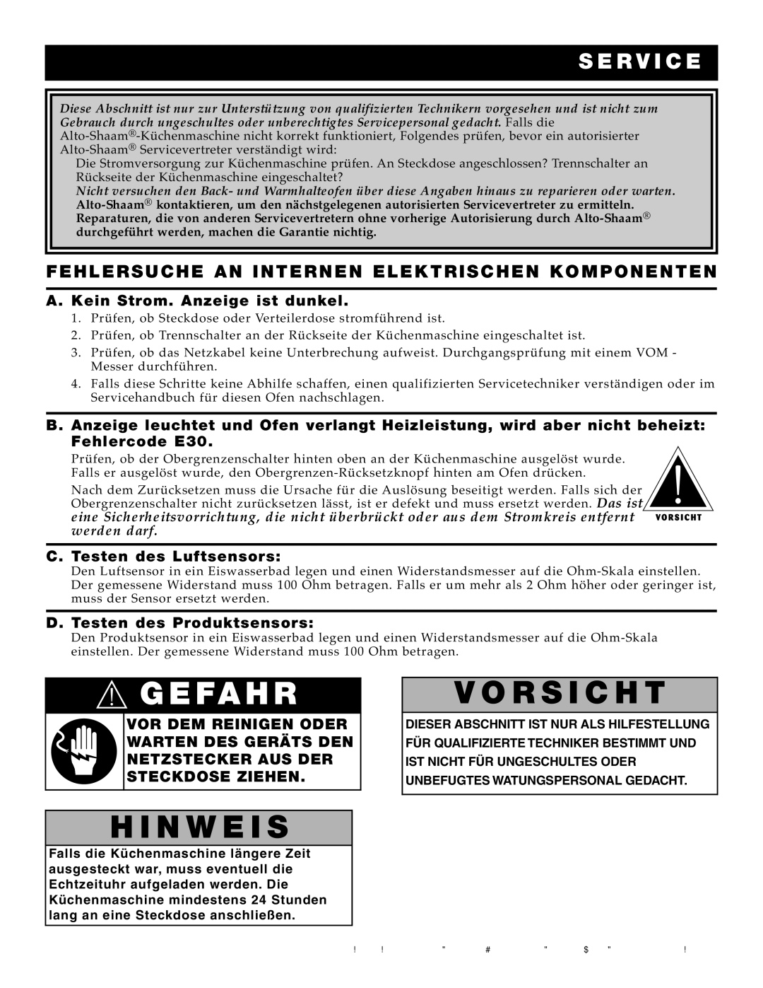 Alto-Shaam 2800-SK/III, 1767-SK/III manual Weis, SE Rvic E, FEH Lersu CHE AN Inte Rnen Elektrisch EN KO Mpone NTE N 