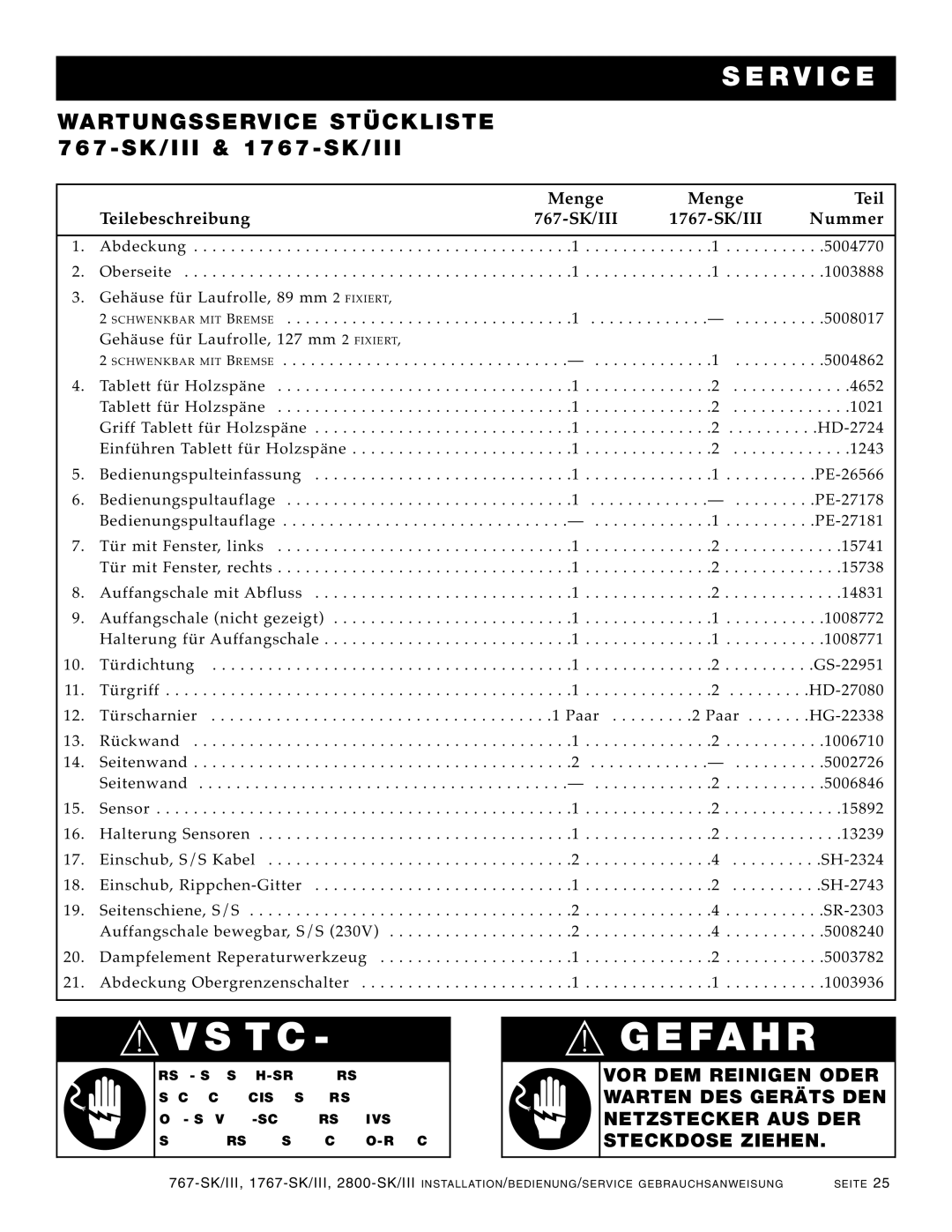 Alto-Shaam 2800-SK/III manual Wartung Sserv ICE Stückliste 767- SK/I II & 1767- SK/III, 767-SK /III 1767-SK/III Nummer 