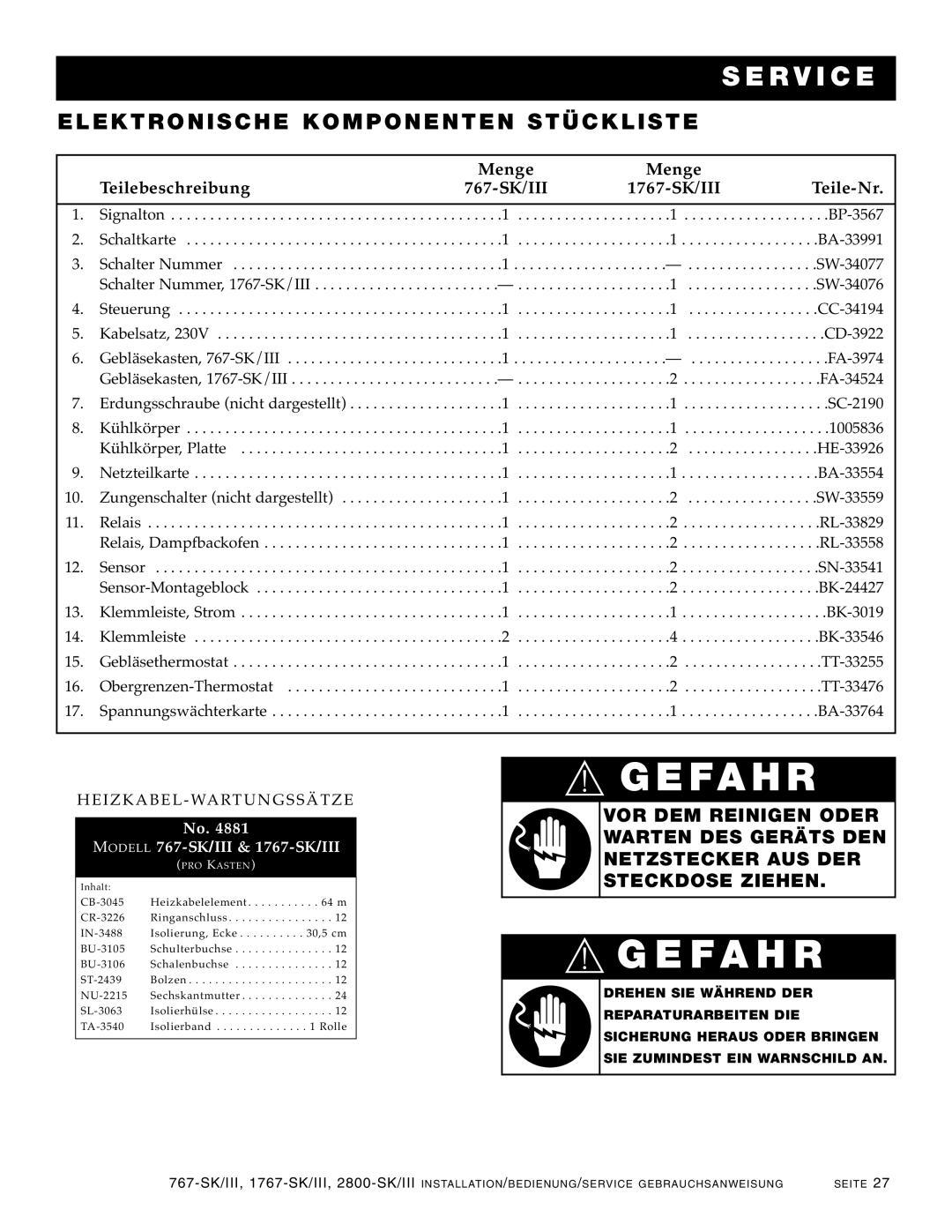 Alto-Shaam 2800-SK/III, 1767-SK/III manual Elekt RON ISC HE Kompo Nenten Stück LIS TE, 767-SK/III 176 7-SK/III 