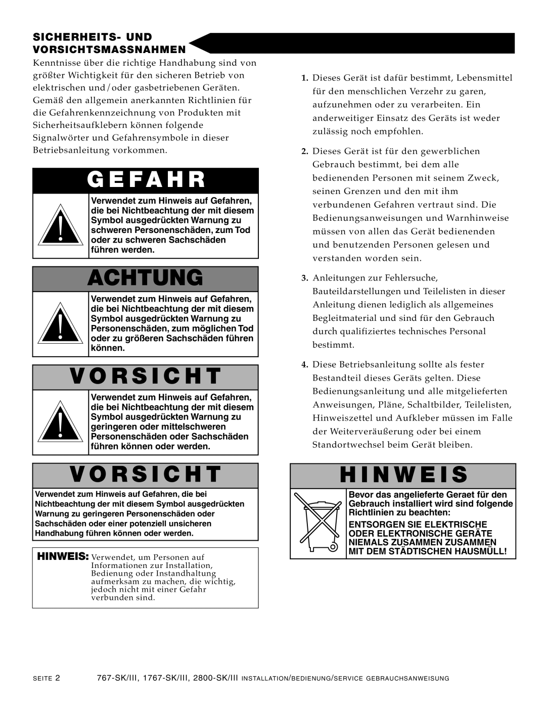 Alto-Shaam 1767-SK/III, 2800-SK/III manual Achtung, Or Sich T, Wei S 