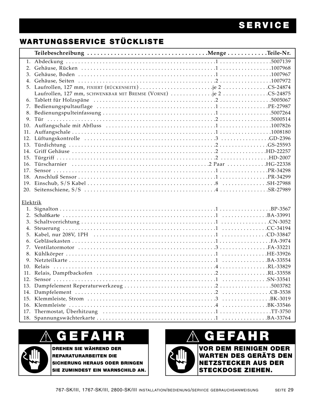 Alto-Shaam 2800-SK/III, 1767-SK/III manual WAR Tungs Service Stückliste, Teilebeschreibung Menge Teile-Nr 