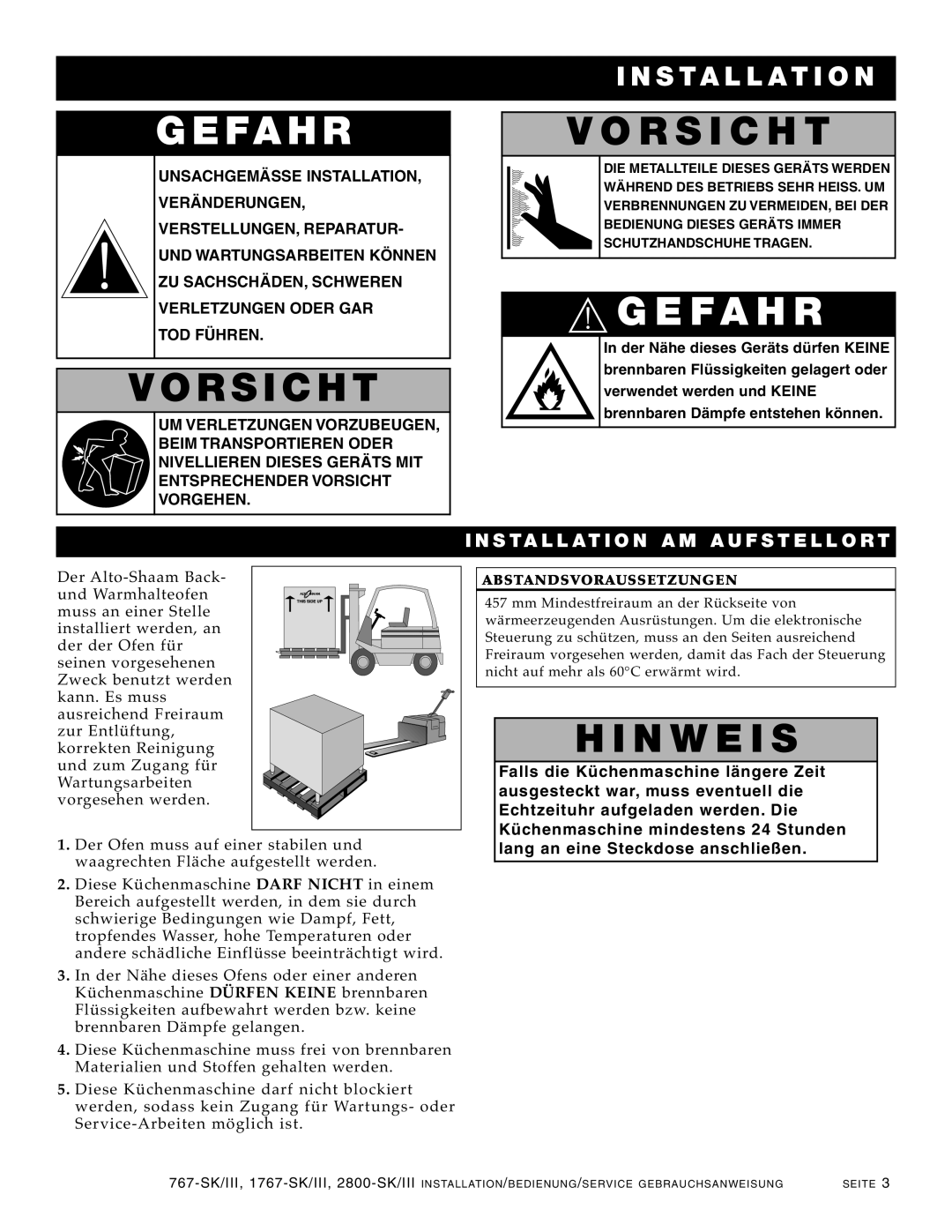 Alto-Shaam 2800-SK/III, 1767-SK/III manual VO Rsicht, Orsi CHT, HI NWE is, Inst Allatio N 