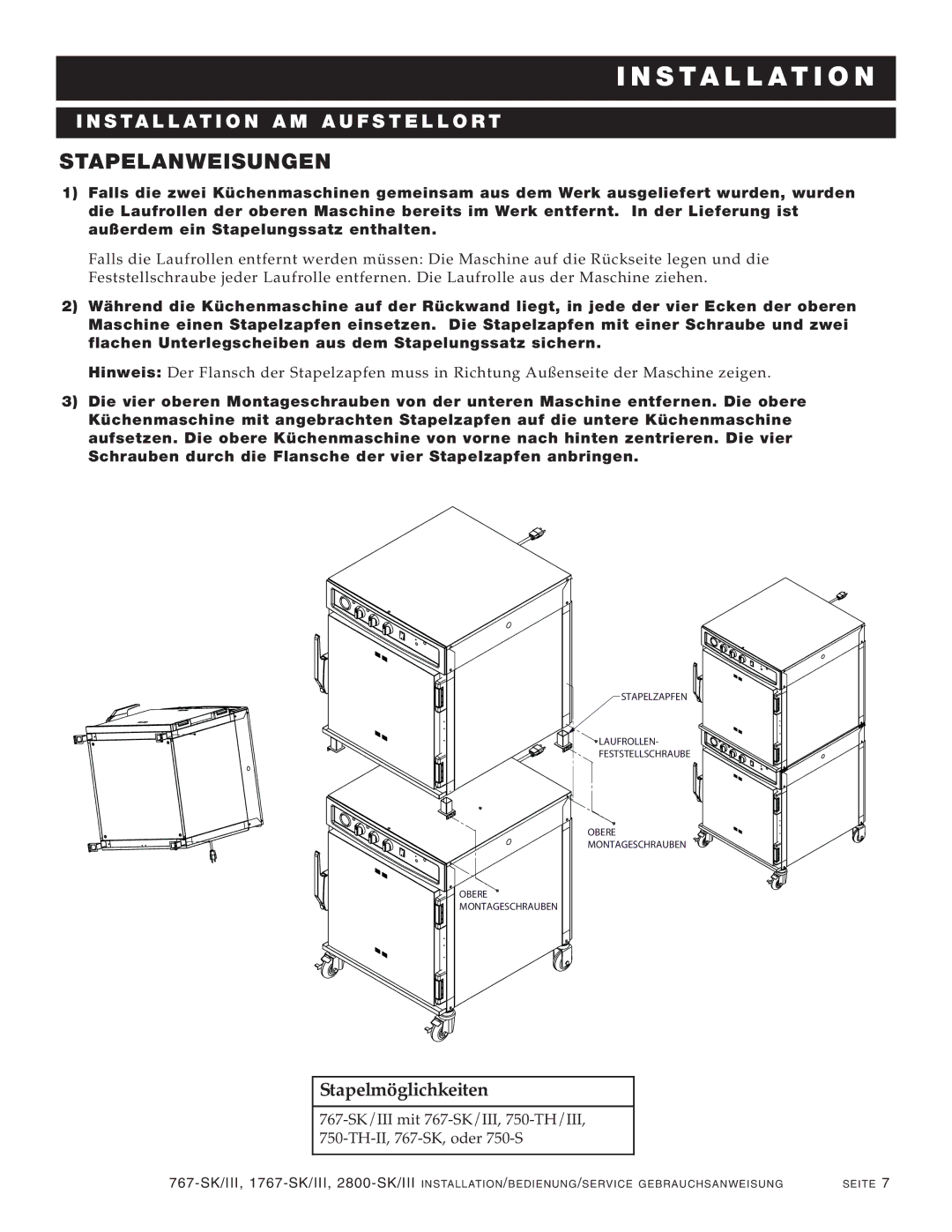 Alto-Shaam 2800-SK/III, 1767-SK/III manual Stapelanweisungen, Stapelmöglichkeiten 