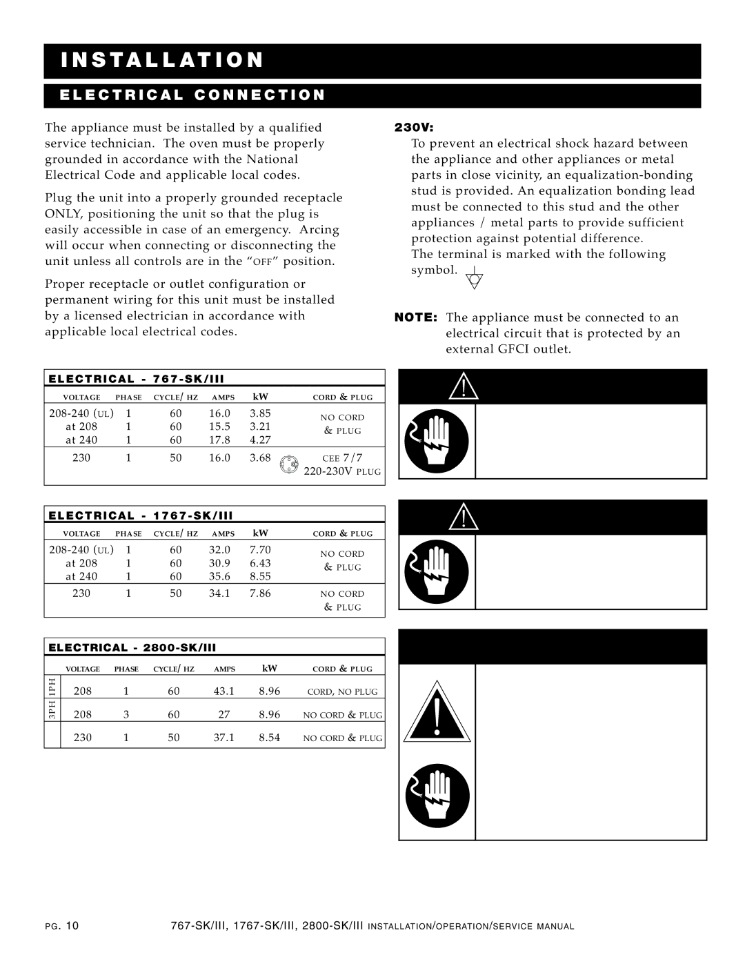 Alto-Shaam 2800-SK/III manual Da Nge R, Insta Llat, Electr IC AL CO NNE CT ION 