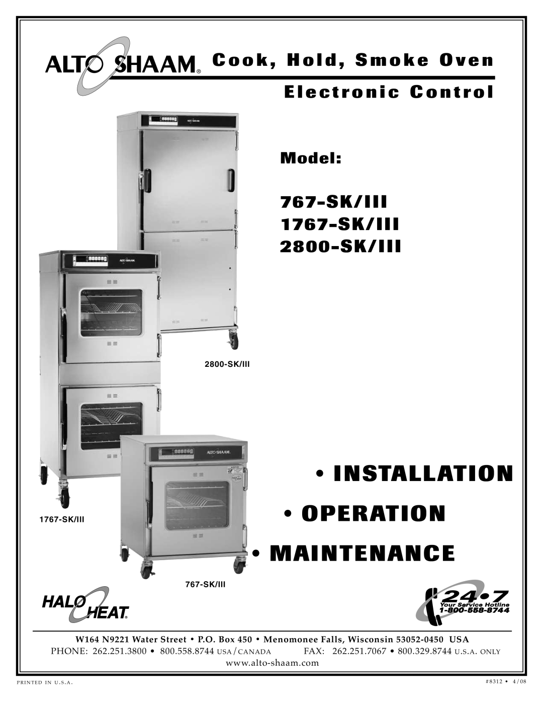 Alto-Shaam 2800-SK/III manual Inst Allatio N, Operation, Mai Ntena Nce, Coo k, Hol d, Sm oke Oven, S K/I, 1767-SK, Model 