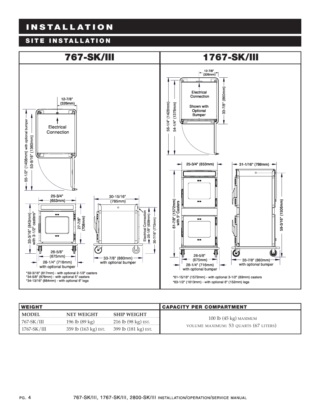 Alto-Shaam 2800-SK/III manual 1767-SK/III, Insta Llat Ion, Si Te, Ins Tallatio, 55-1/2, 30-15/16, 785mm, 27-7/8 708mm 