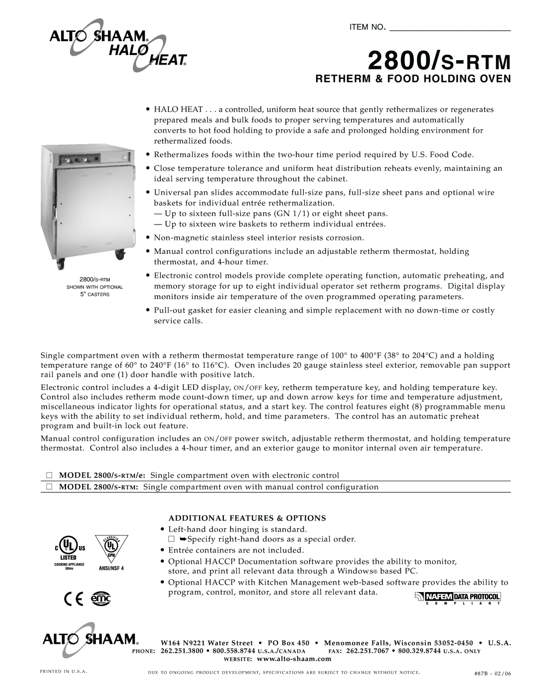 Alto-Shaam 2800/s-RTM specifications 2800/S-RTM, Additional Features & Options 