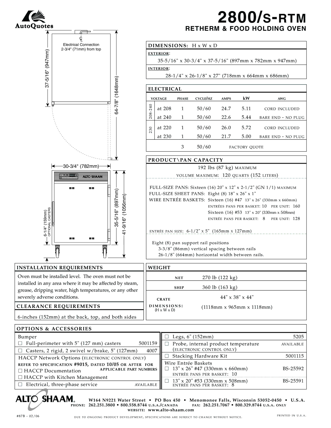 Alto-Shaam 2800/s-RTM Electrical, PRODUCT\PAN Capacity, Installation Requirements, Clearance Requirements, Weight 