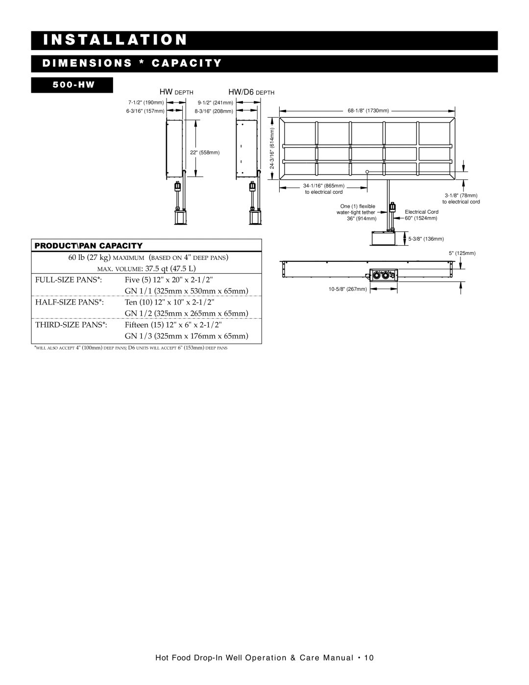 Alto-Shaam 100-HW/D6, 300-HW/D6, 28756, 500-HW/D6 manual DIM Ensi ONS * CA PA CIT Y, 50 0-HW 