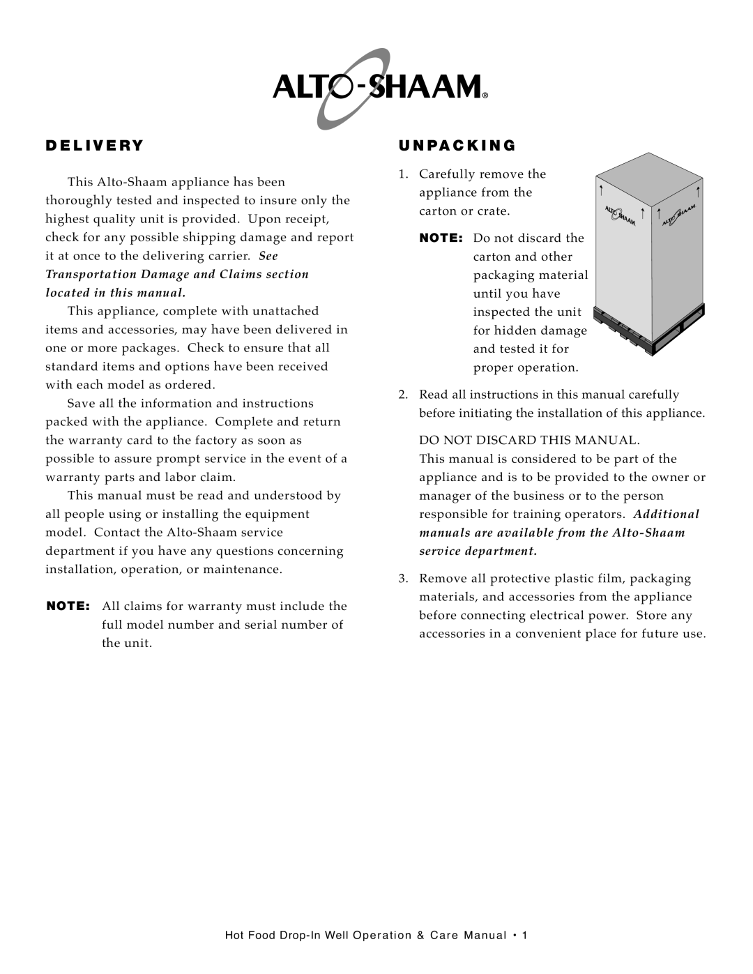 Alto-Shaam 500-HW/D6, 300-HW/D6, 28756, 100-HW/D6 manual Deli Very 