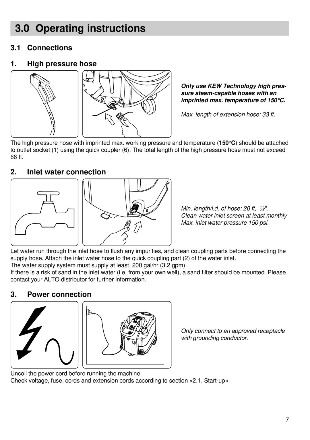 Alto-Shaam 30HA STANDARD I/MASTER I Operating instructions, Connections High pressure hose, Inlet water connection 