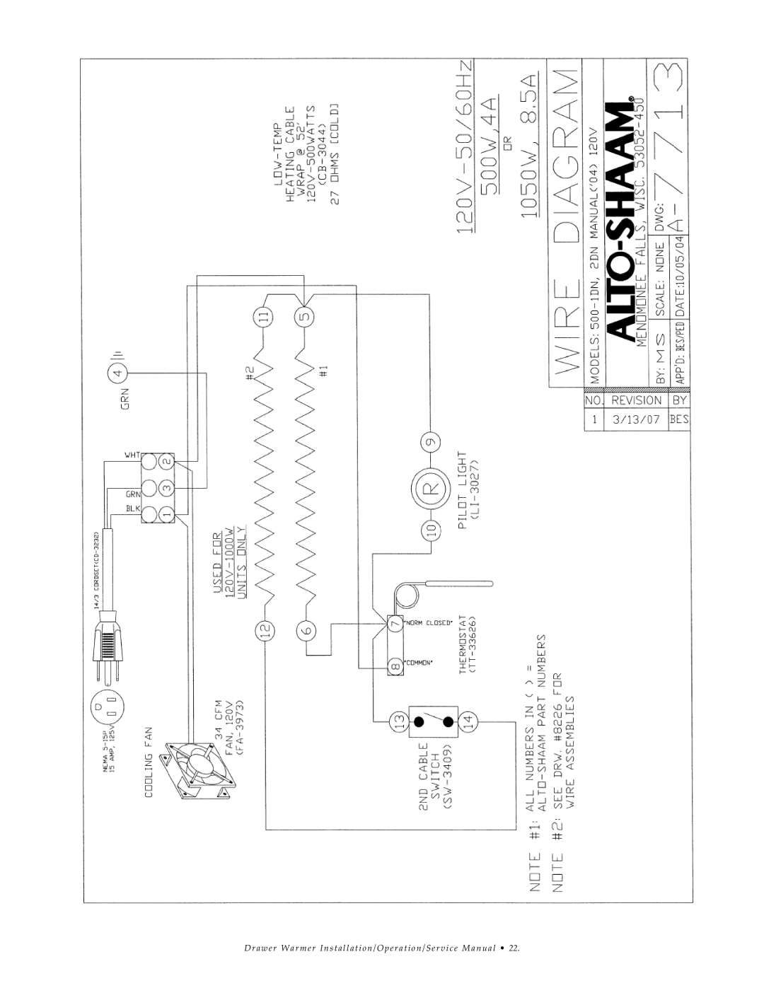 Alto-Shaam 1DN, 3DN, 2DN manual Dr awe r War mer Ins tallation/ Operation /S ervice Manual 