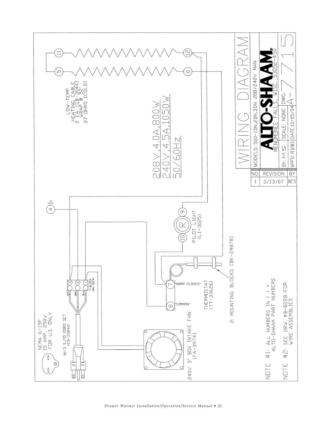 Alto-Shaam 3DN, 2DN, 1DN manual Dr awe r Warm er Ins tallation/ Operation/Service Manu al 