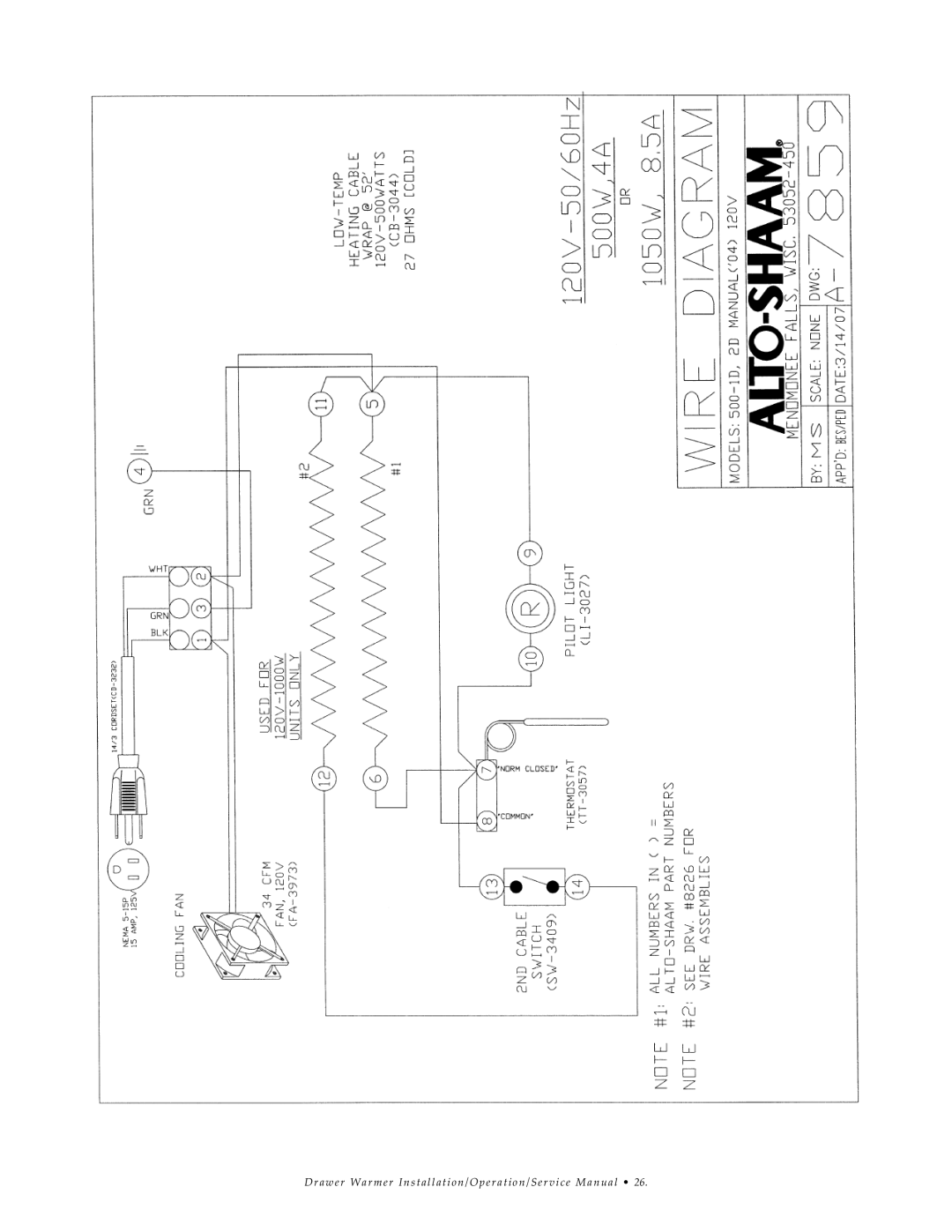 Alto-Shaam 3DN, 2DN, 1DN manual Dr awe r War mer Ins tallation/ Operation /S ervice Manual 