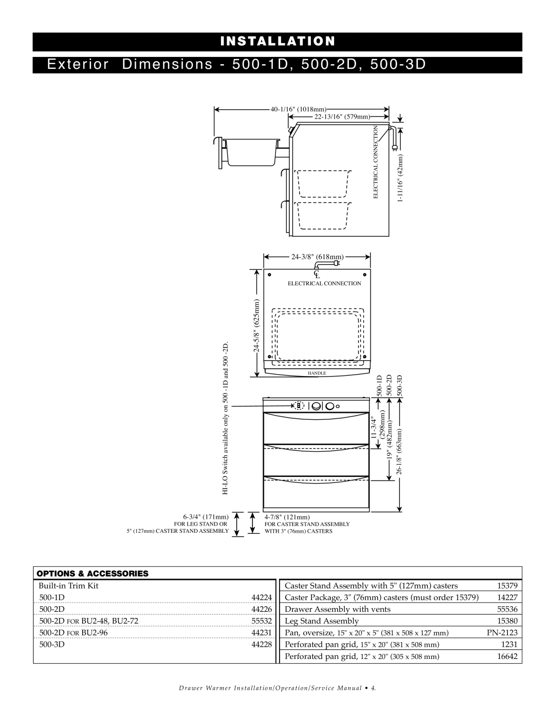 Alto-Shaam 1DN, 3DN, 2DN manual Exterior Dimensions -IN500STALLATI-1D, 500ON-2D, 500-3D 