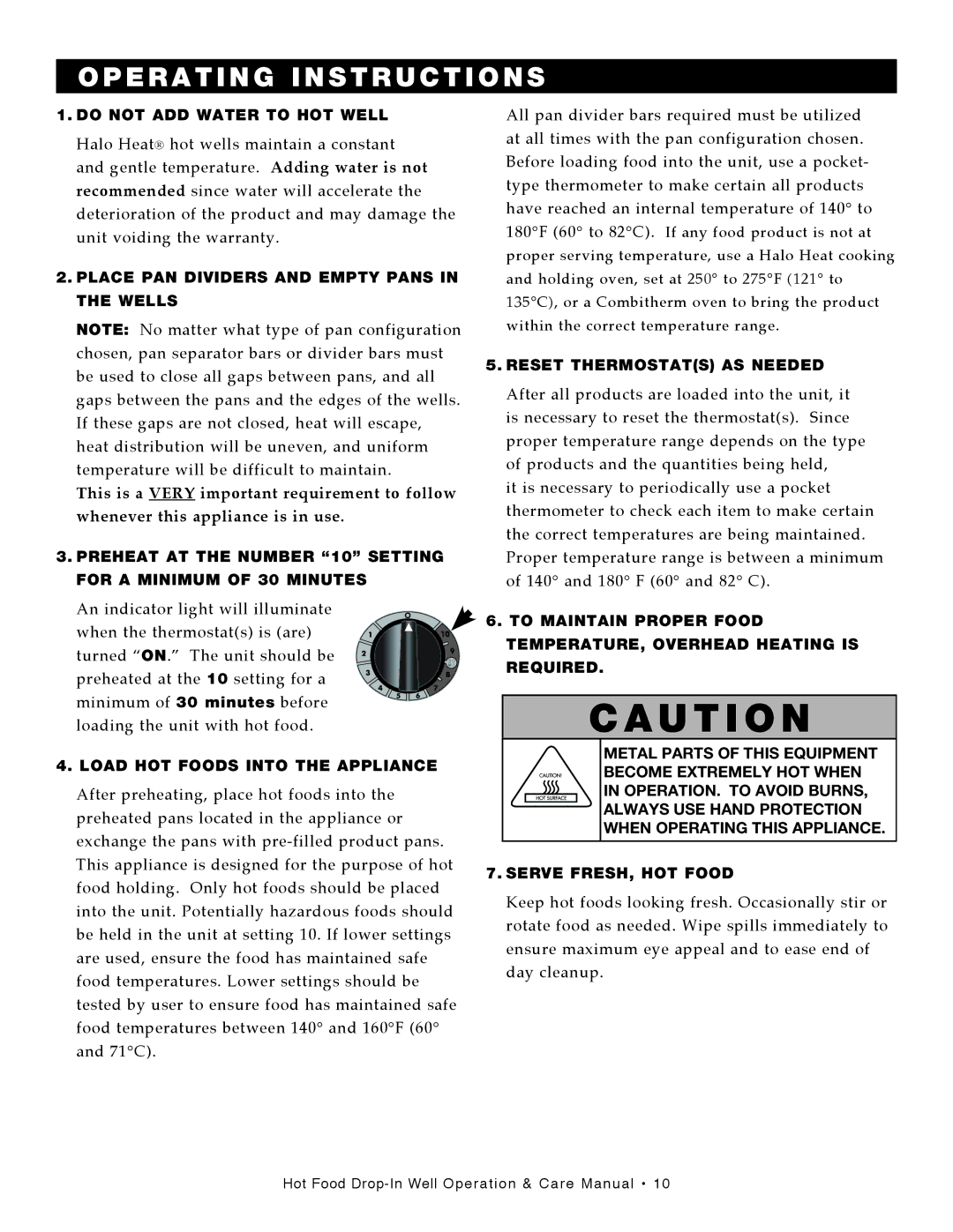 Alto-Shaam 300-HW/D643, 400-HW/D4 Operating Instructions, Do not ADD Water to HOT Well, Load HOT Foods Into the Appliance 