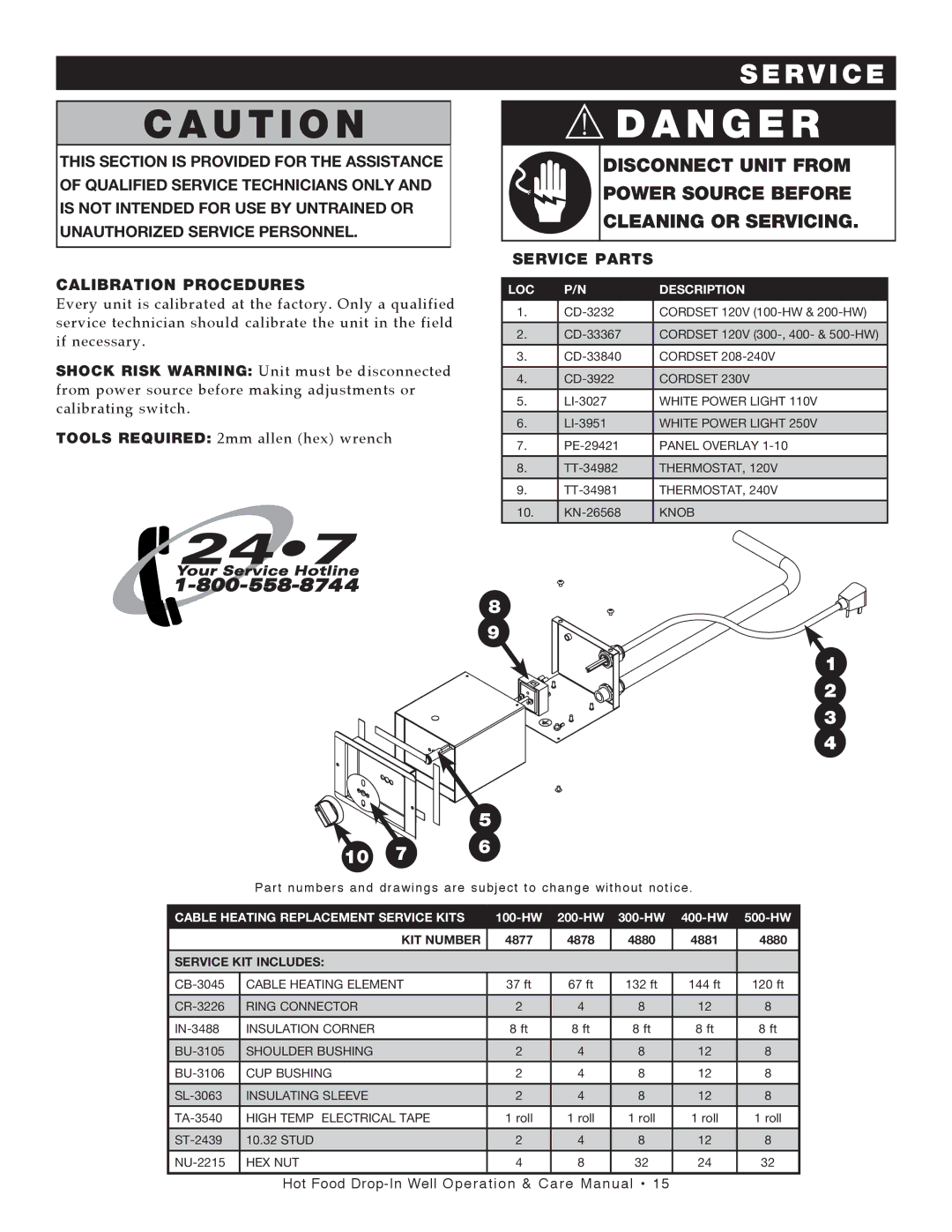 Alto-Shaam 100-HW/D4, 400-HW/D4, 400-HW/D6, 300-HW/D643 manual R V I C E, Tools Required 2mm allen hex wrench, Service Parts 