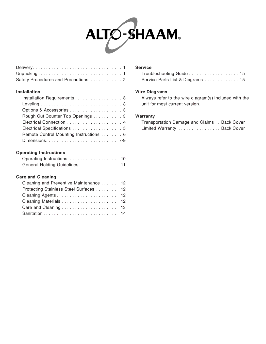 Alto-Shaam 300-HW/D643, 400-HW/D4, 400-HW/D6, 500-HW/D4, 300-HW/D443, 200-HW/D4, 100-HW/D4 manual Operating Instructions 