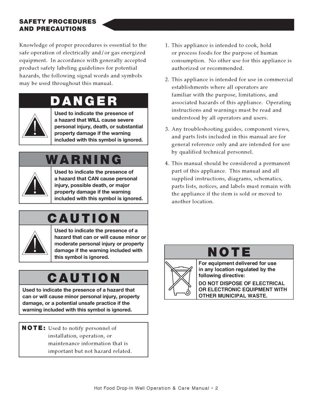 Alto-Shaam 300-HW/D4, 400-HW/D4 manual Safety Procedures Precautions, Safe operation of electrically and/or gas energized 