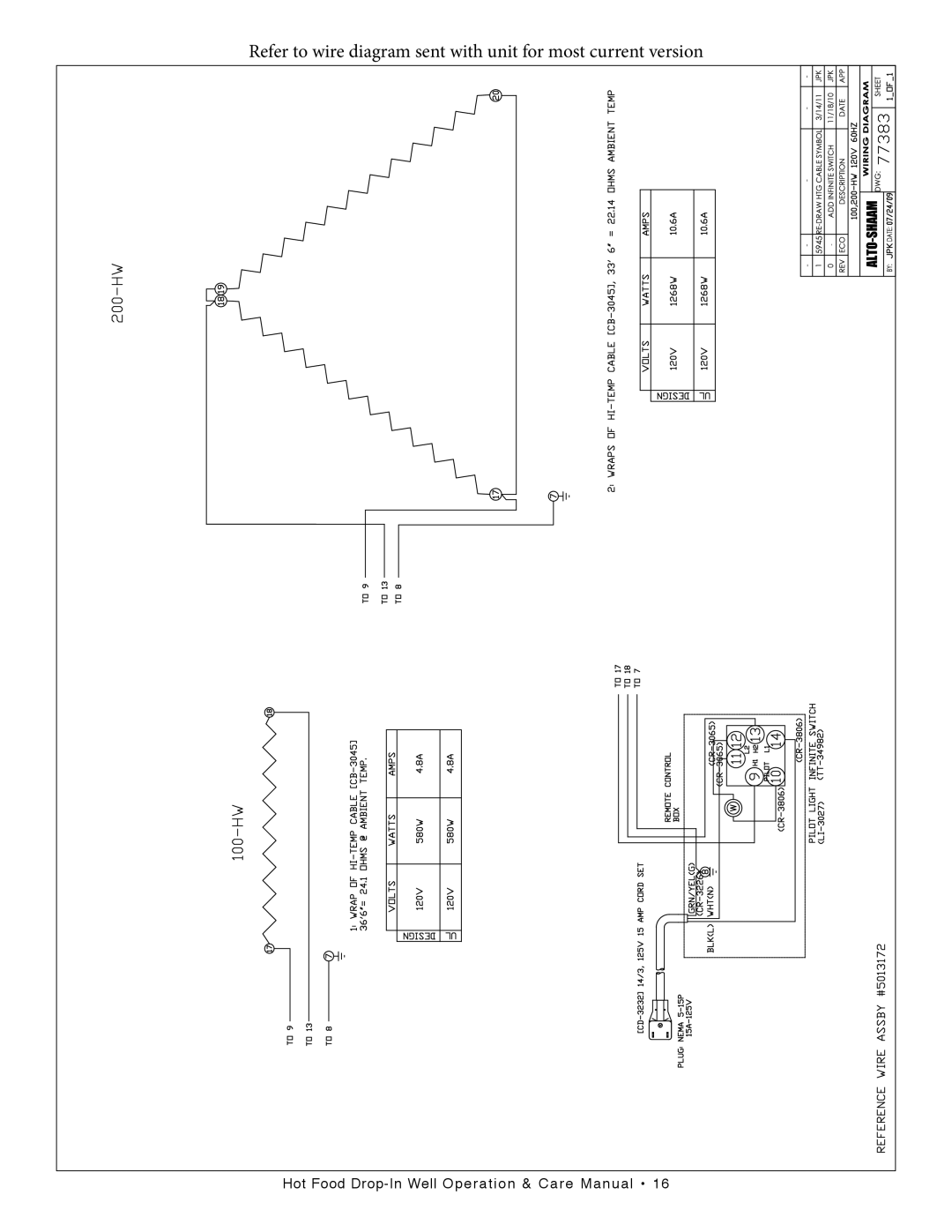 Alto-Shaam 100-HW/D443, 400-HW/D4, 400-HW/D6, 300-HW/D643 manual Refer to wire diagram sent with unit for most current version 