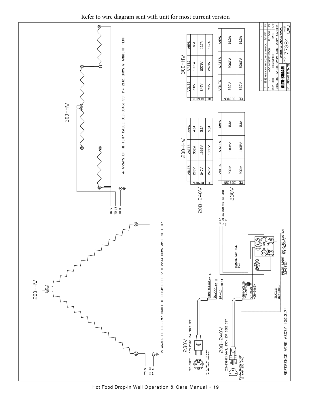 Alto-Shaam 400-HW/D6, 400-HW/D4, 300-HW/D643, 500-HW/D4 manual Refer to wire diagram sent with unit for most current version 